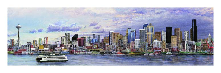 Print of Seattle artist Ed Newbold's painting of the Seattle skyline from Elliott Bay
