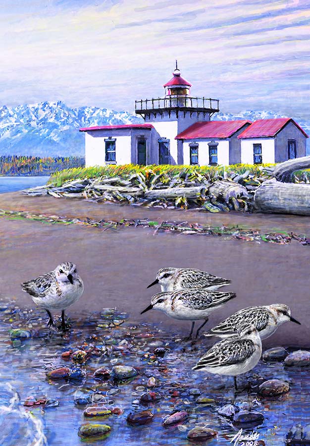 a print of a painting of West Point Lighthouse in Seattle in Discovery Park by Wildlife Artist Ed Newbold