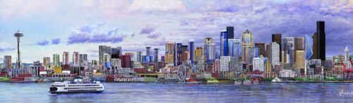 Print of Seattle artist Ed Newbold's painting of the Seattle skyline from Elliott Bay