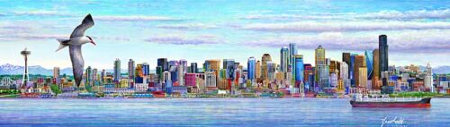 print of a painting by Seattle Wildlife Artist Ed Newbold of Seattle, Elliott Bay and a Caspian Tern