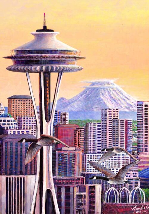 A print of a painting of the Space Needle, Seattle, Mt. Rainier and three Canada Geese by Seattle Wildlife Artist Ed Newbold