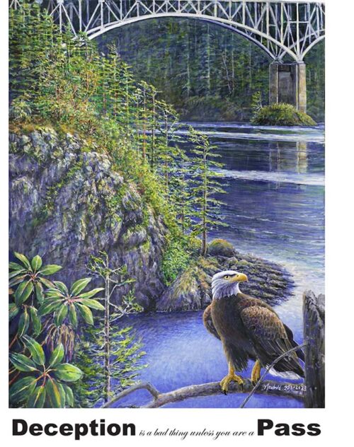 12 x 16 poster of Painting of Deception Pass by Ed Newbold with a Bald Eagle