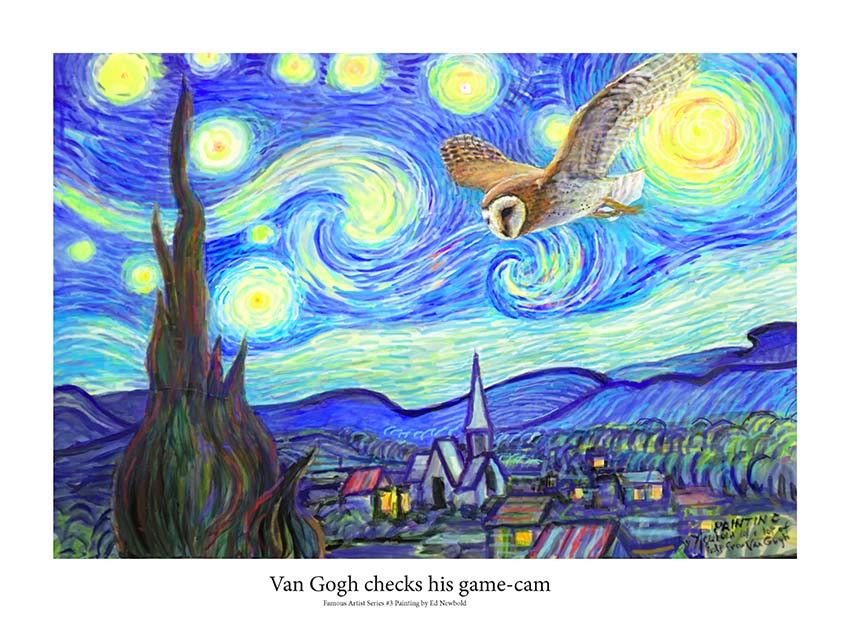 12 x 16 Poster of Seattle Wildife Artist Ed Newbold's copy of Starry Night by Van Gogh with a Barn Owl
