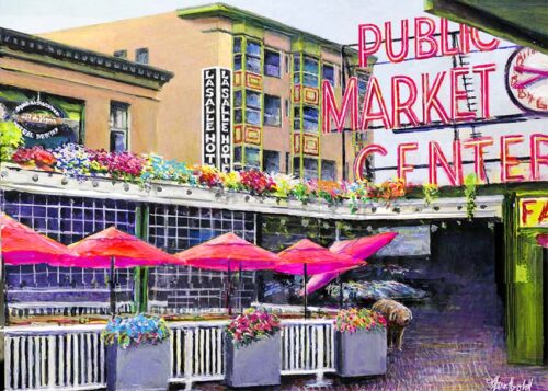 Print of a painting of the Pike Place Market by Seattle Wildlife artist Ed Newbold