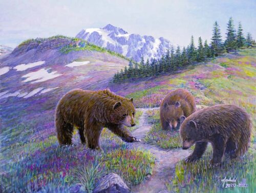 A print of a painting of a Mother Bear and Cubs by Seattle Wildlife Artist Ed Newbold