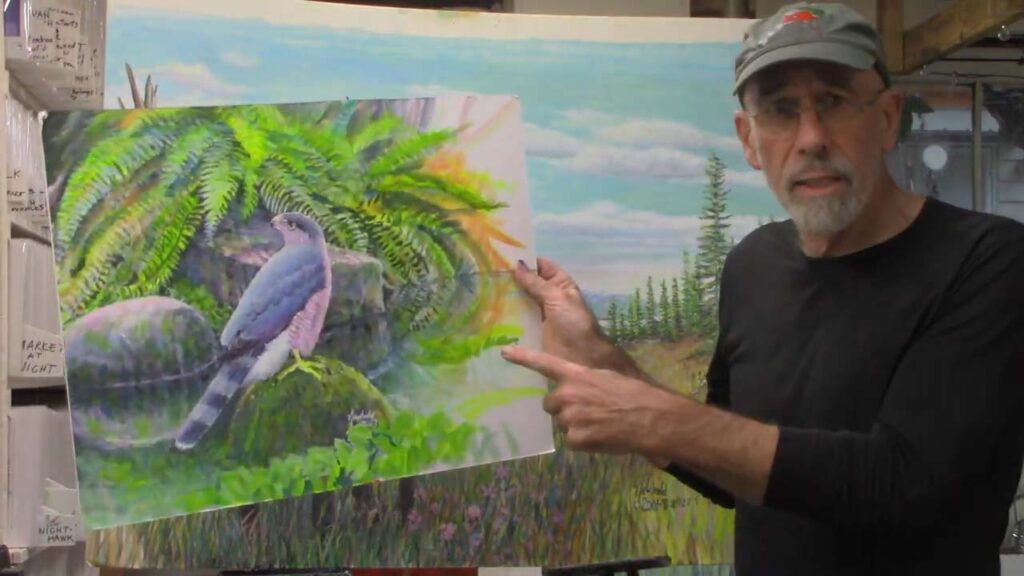 Ed discussing a painting he's working on. Ed Newbold Wildlife Artist Seattle WA