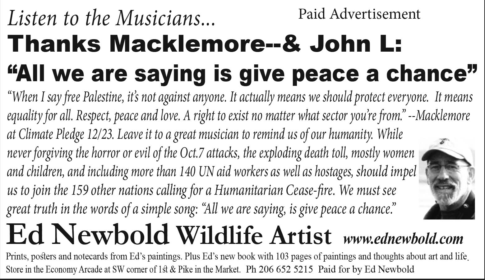 Seattle Times ad praising Macklemore and calling for a Cease-fire