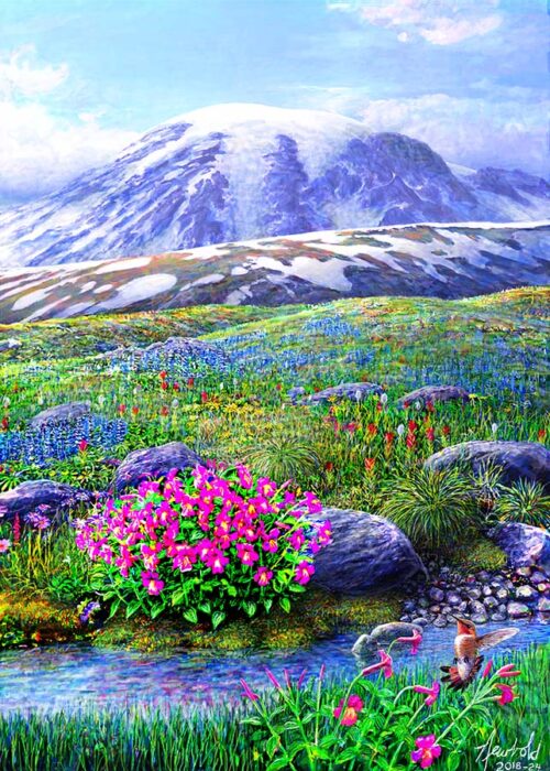 #813 Paradise (Mt. Rainier) with Rufous Hummingbird  (18 x 24) (vert.)