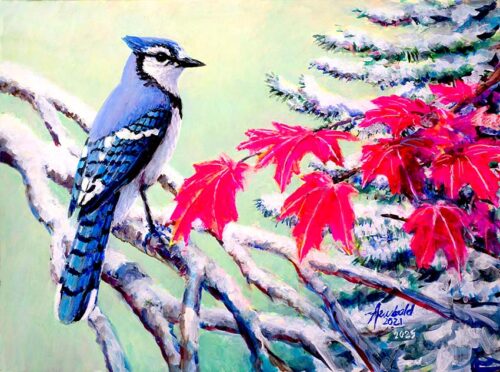 #794 Blue Jay (with Red-Maple leaves) 12 x 16" (horizontal)
