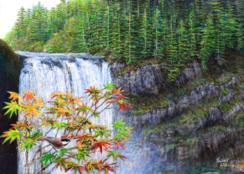 #779 Snoqualmie Falls (with Chestnut-backed Chickadee) (12 x 16)